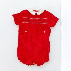 Red Velvety Smocked Romper with White‎ Peter Pan Collar size 24m Christmas